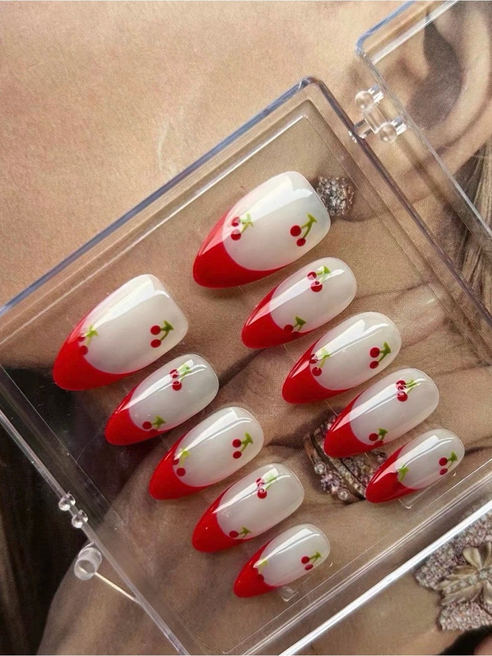 Handmade Cherry French Tip Press On Nails – Glossy Red & White | Size M